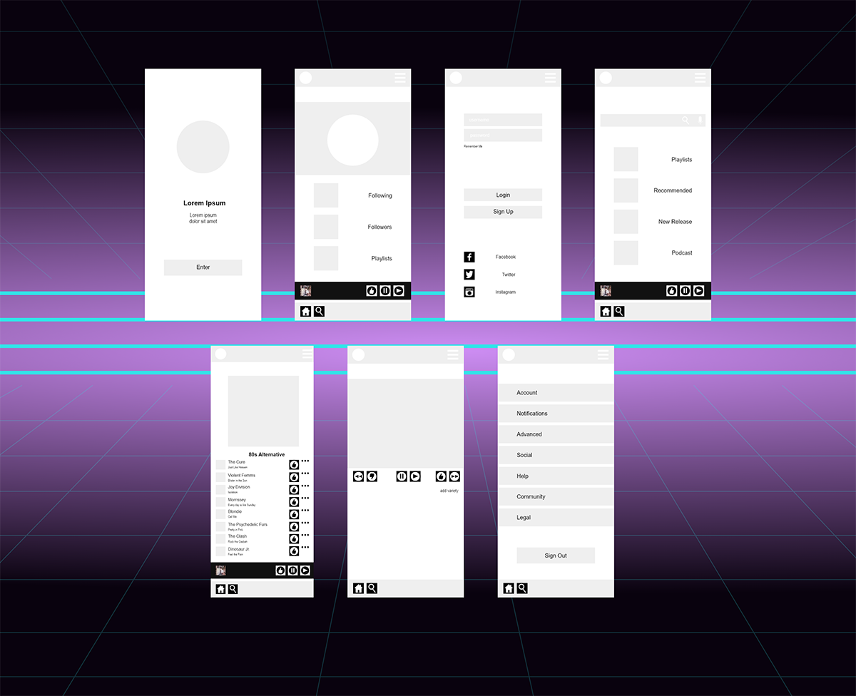 Mid Fi wireframes for 1980s music app.