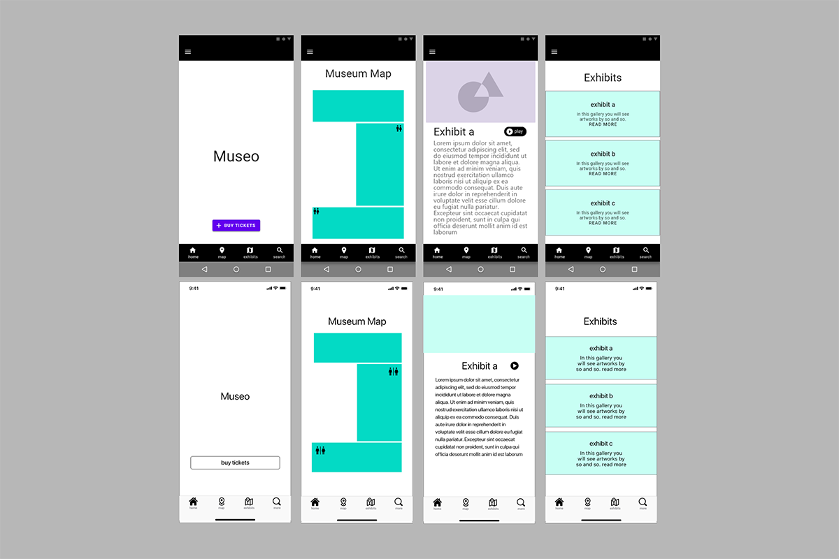 Mid Fi wireframes for museum app.